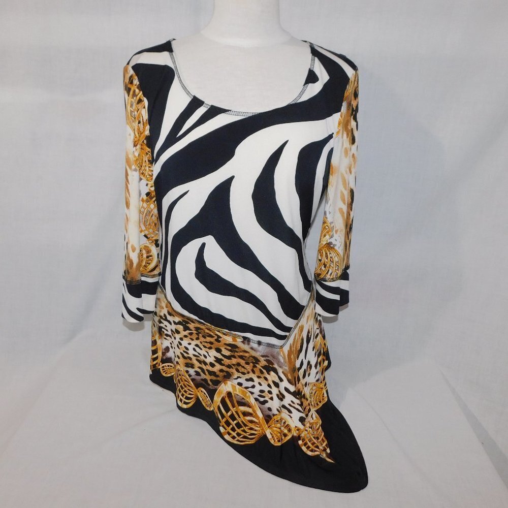 Frank Lyman Design Animal Print Zebra Cheetah Asymmetrical Tunic Top Womens 10